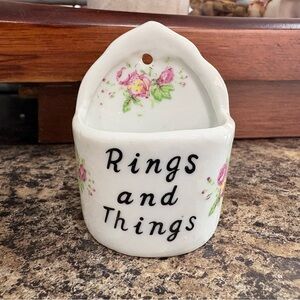 Ceramic 'Rings and Things' Wall Pocket with Pink Floral Accent